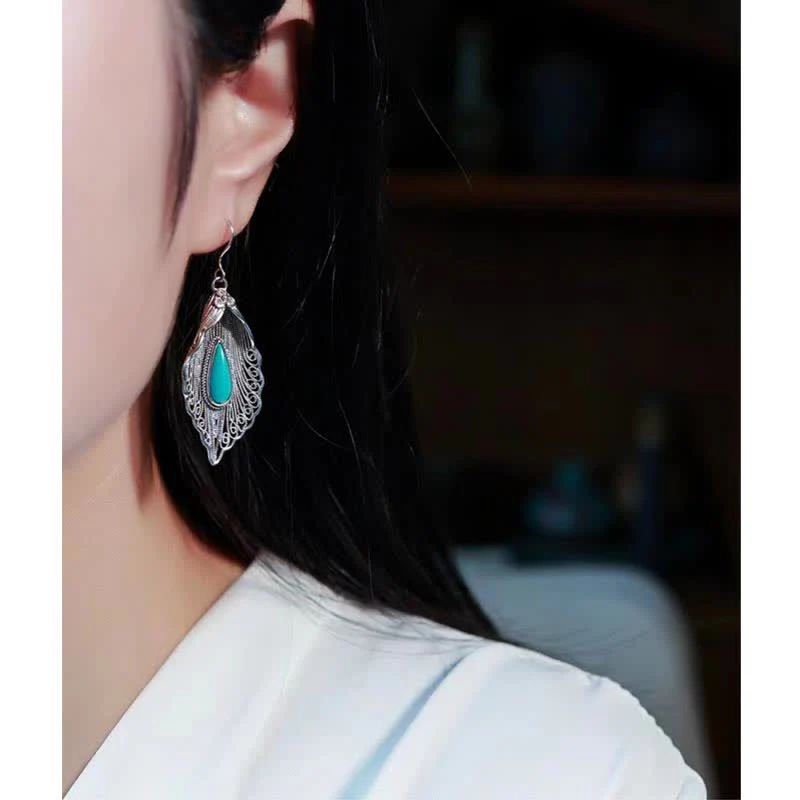 Orecchini pendenti con motivo a foglia di Bodhi in argento sterling 925 con Buddha Stones e turchese - Image 20