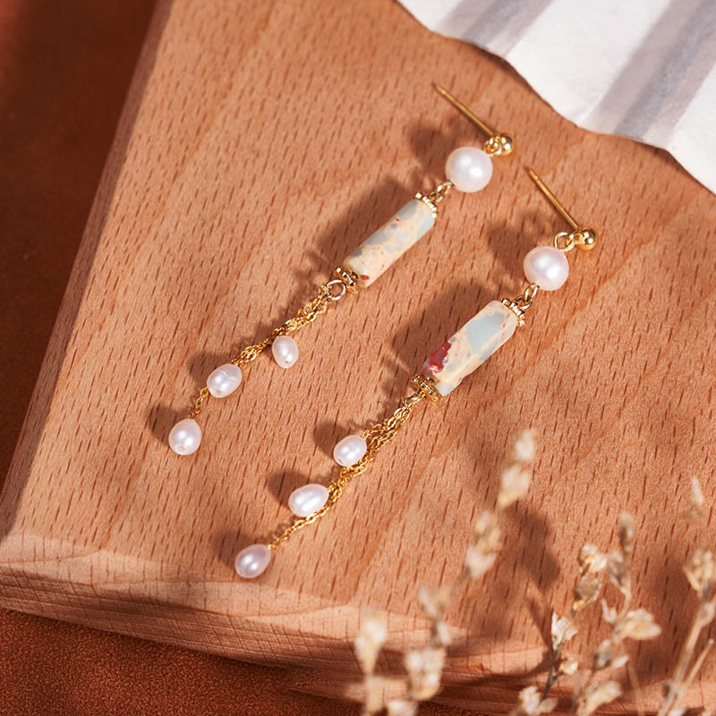 Orecchini pendenti con perle curative in argento sterling 925 Buddha Stones e perle di Shoushan