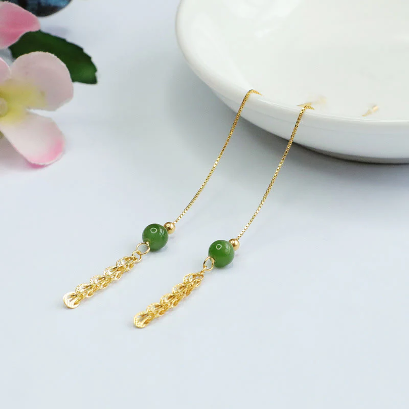 Orecchini pendenti con perline di giada ciano naturale Hetian in argento sterling 925 Buddha Stones - Image 3