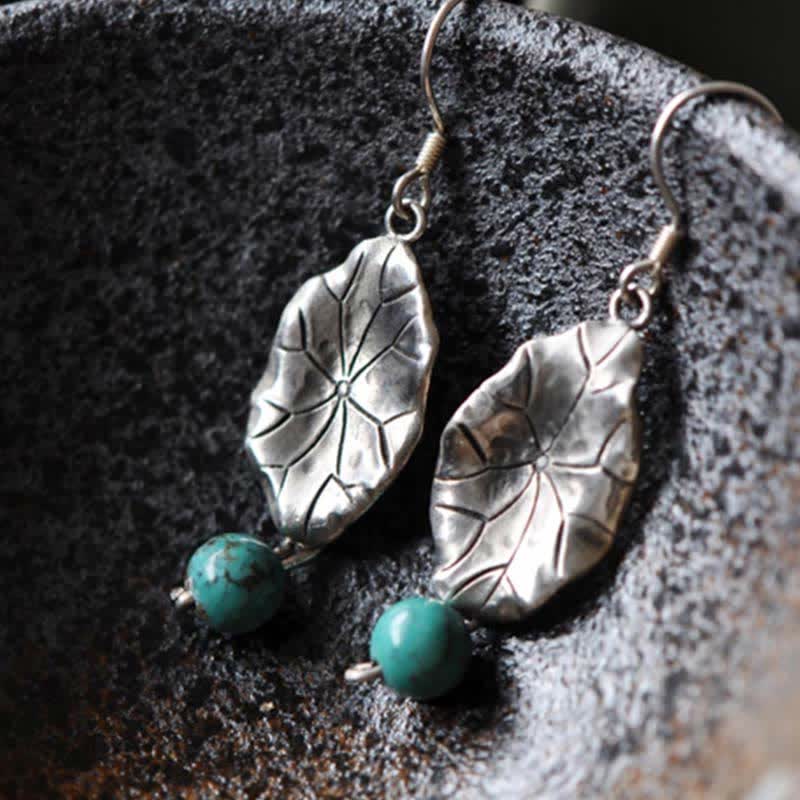 Orecchini pendenti con protezione a forma di foglia di loto turchese in argento sterling 925 Buddha Stones - Image 6