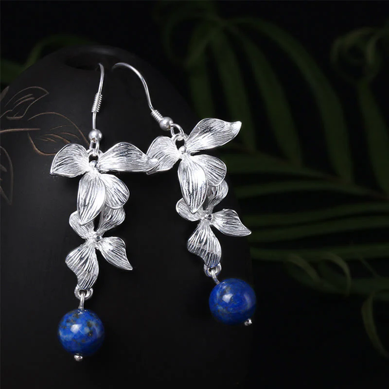 Orecchini pendenti con fiori in stile etnico, in argento sterling 925, lazurite e lapislazzuli, stile Buddha Stones