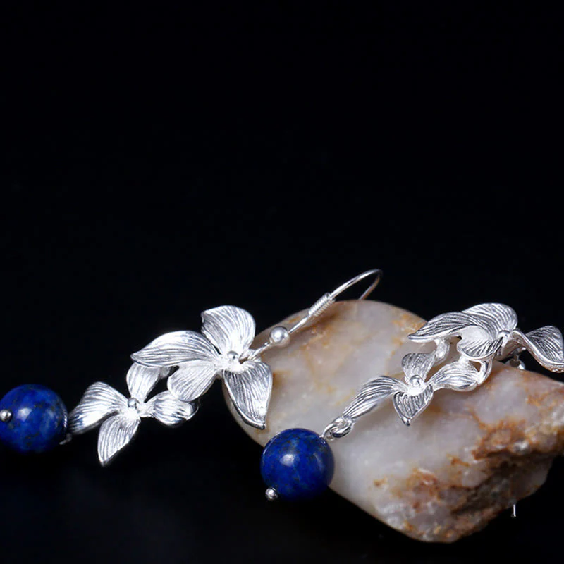 Orecchini pendenti con fiori in stile etnico, in argento sterling 925, lazurite e lapislazzuli, stile Buddha Stones - Image 2
