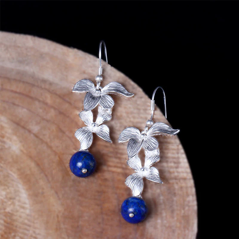 Orecchini pendenti con fiori in stile etnico, in argento sterling 925, lazurite e lapislazzuli, stile Buddha Stones - Image 3