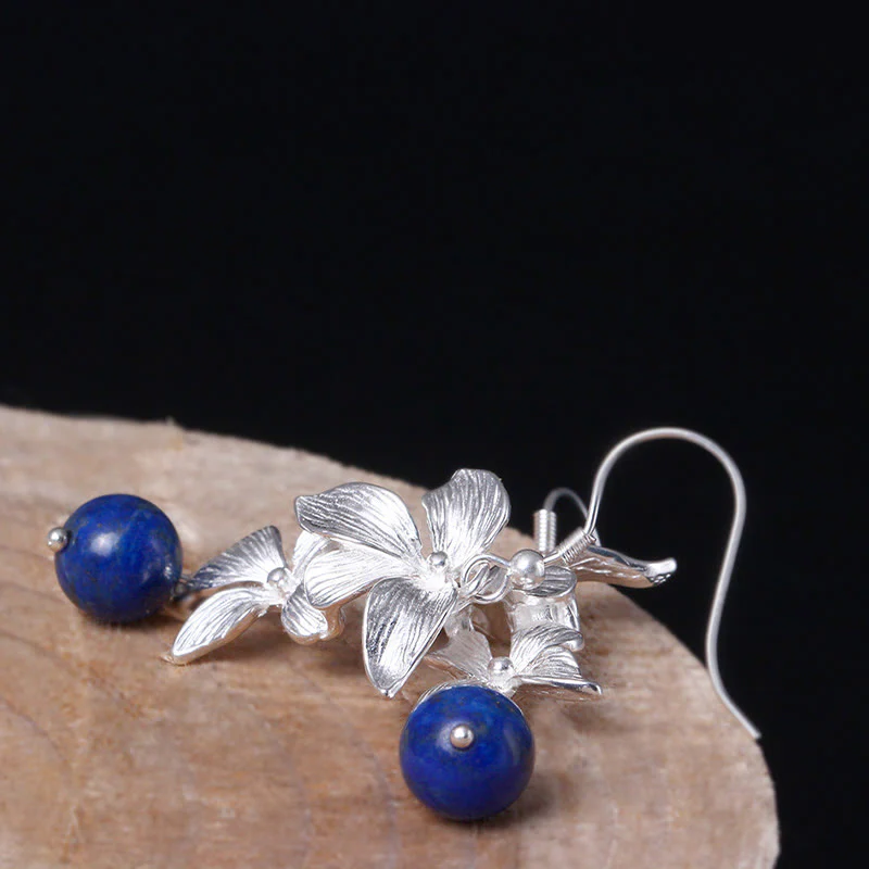Orecchini pendenti con fiori in stile etnico, in argento sterling 925, lazurite e lapislazzuli, stile Buddha Stones - Image 4