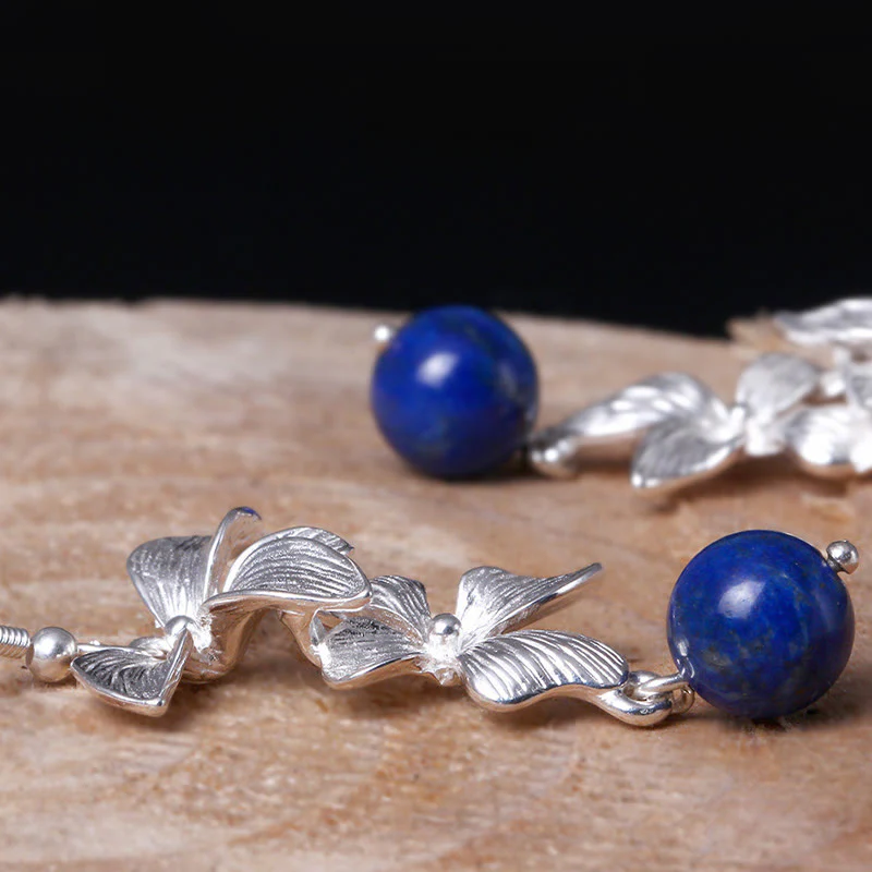 Orecchini pendenti con fiori in stile etnico, in argento sterling 925, lazurite e lapislazzuli, stile Buddha Stones - Image 6