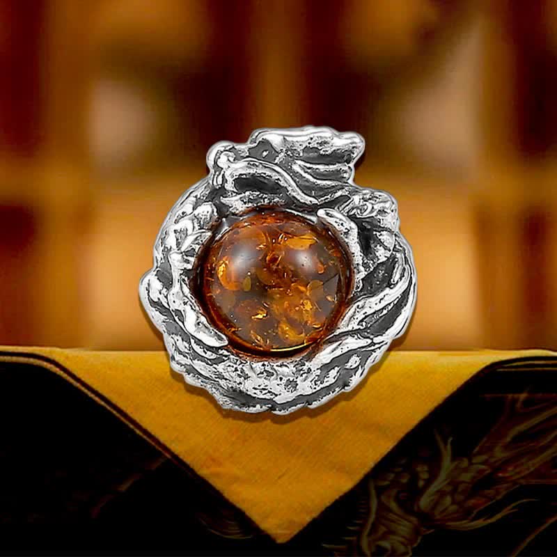 Orecchino a perno Buddha Stones 925 Sterling Silver Ambra naturale Drago Protezione Successo - Image 2