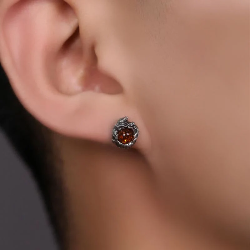 Orecchino a perno Buddha Stones 925 Sterling Silver Ambra naturale Drago Protezione Successo - Image 5
