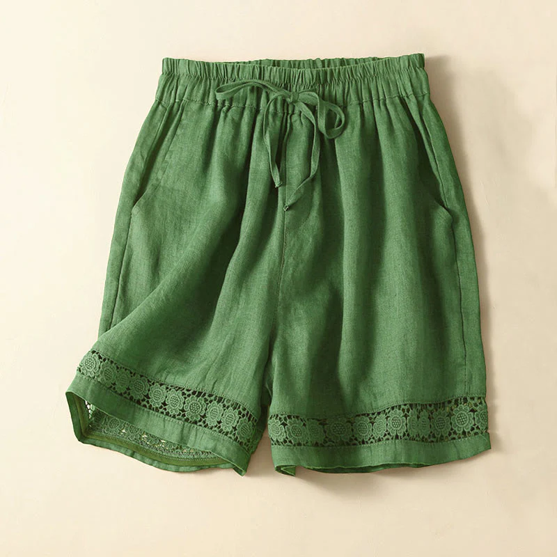 Pantaloncini da donna in cotone con lacci e tasche, modello Buddha Stones, tinta unita, con fondo in pizzo cavo - Image 30