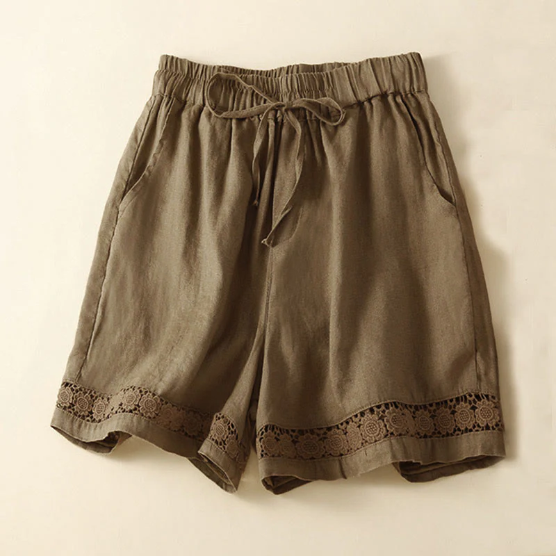 Pantaloncini da donna in cotone con lacci e tasche, modello Buddha Stones, tinta unita, con fondo in pizzo cavo - Image 51