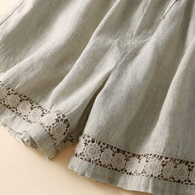 Pantaloncini da donna in cotone con lacci e tasche, modello Buddha Stones, tinta unita, con fondo in pizzo cavo - Image 9