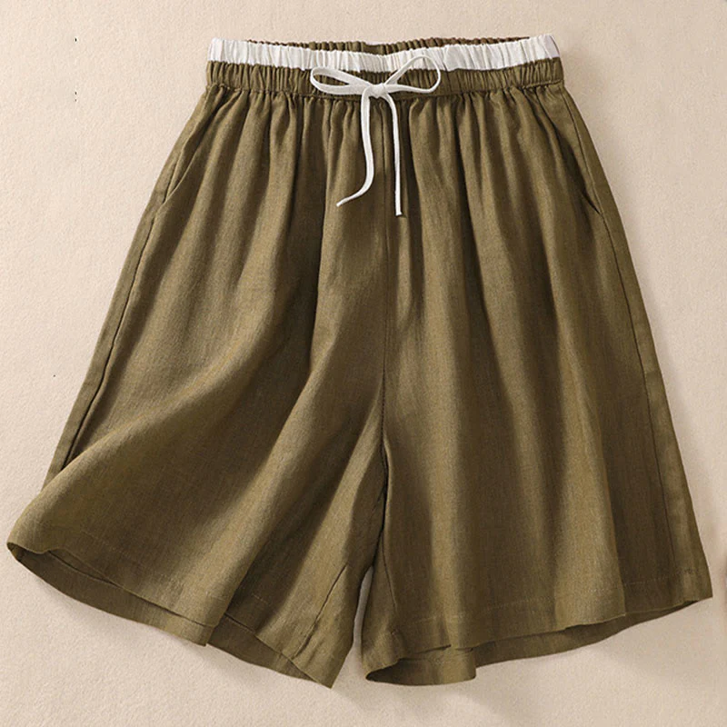 Pantaloncini da donna in cotone e lino con lacci e tasche, tinta unita, a contrasto, in vita, con Buddha Stones - Image 14