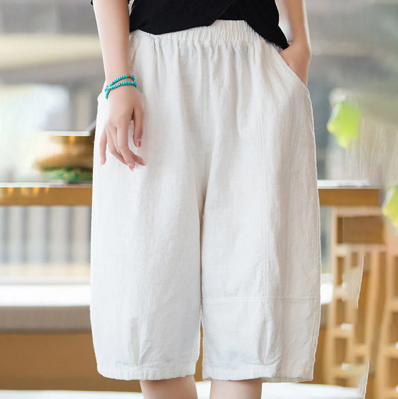 Pantaloncini da donna in cotone ramiè casual tinta unita Buddha Stones con tasche - Image 10
