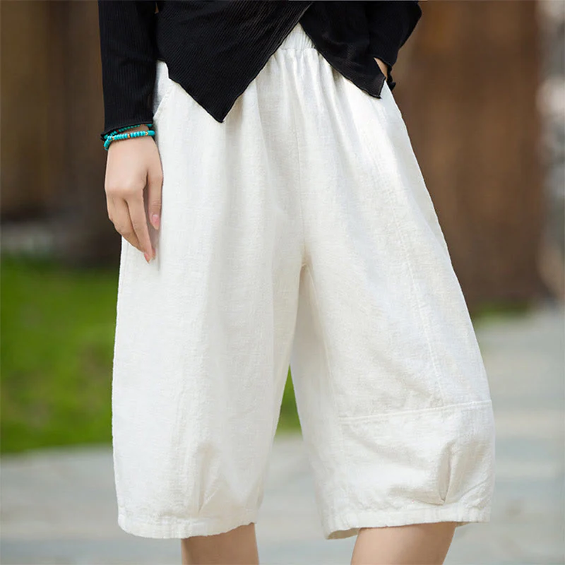Pantaloncini da donna in cotone ramiè casual tinta unita Buddha Stones con tasche - Image 11