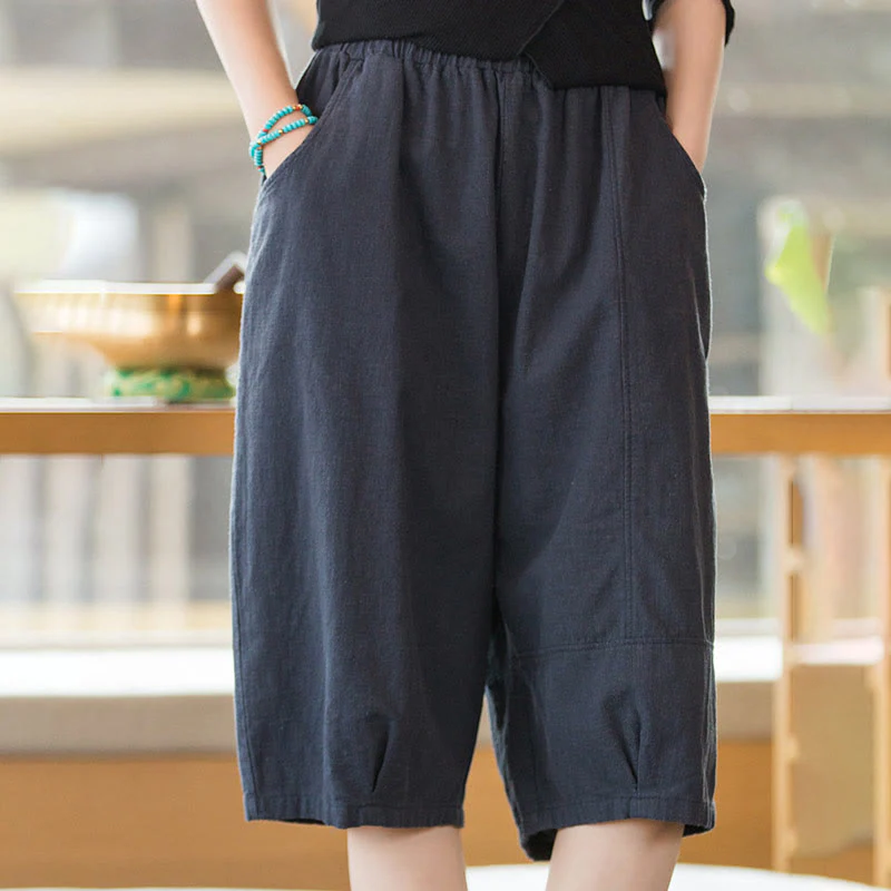 Pantaloncini da donna in cotone ramiè casual tinta unita Buddha Stones con tasche - Image 14