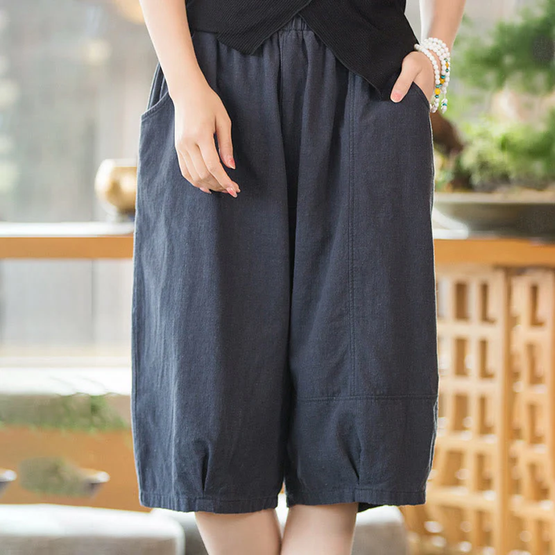 Pantaloncini da donna in cotone ramiè casual tinta unita Buddha Stones con tasche - Image 15
