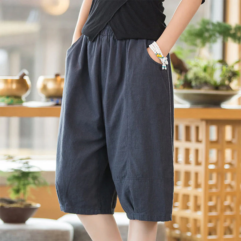Pantaloncini da donna in cotone ramiè casual tinta unita Buddha Stones con tasche - Image 16