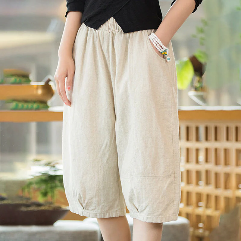 Pantaloncini da donna in cotone ramiè casual tinta unita Buddha Stones con tasche - Image 21