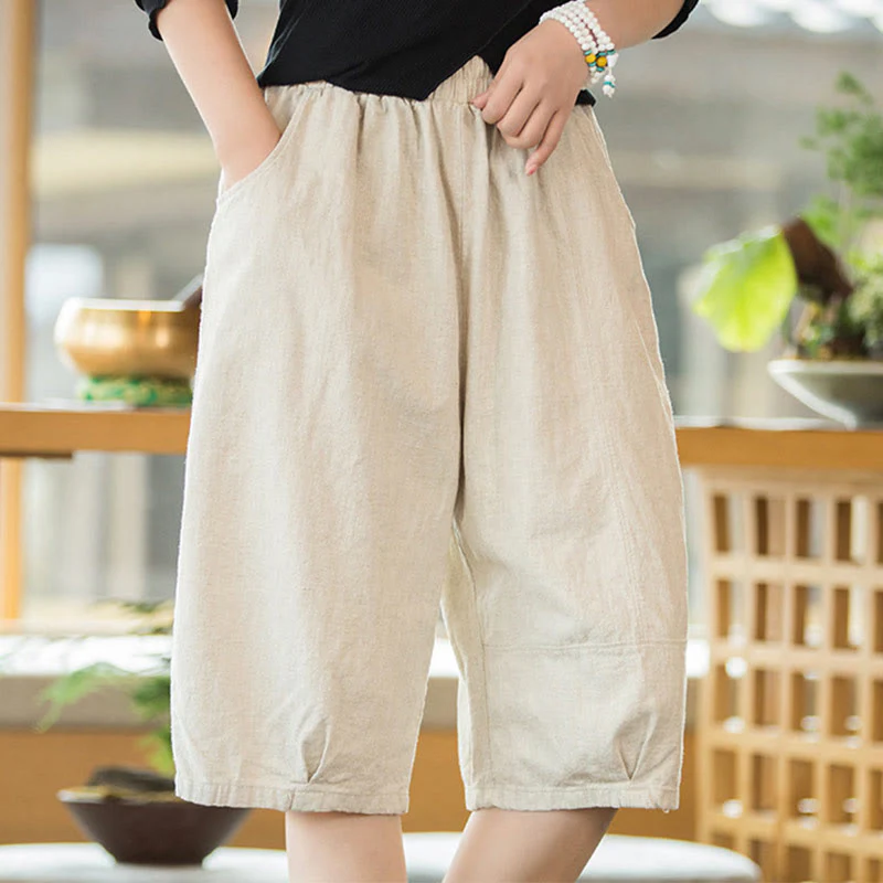 Pantaloncini da donna in cotone ramiè casual tinta unita Buddha Stones con tasche - Image 22