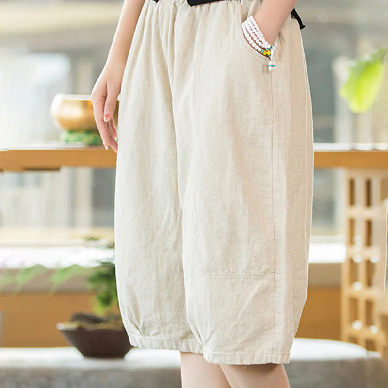 Pantaloncini da donna in cotone ramiè casual tinta unita Buddha Stones con tasche - Image 24