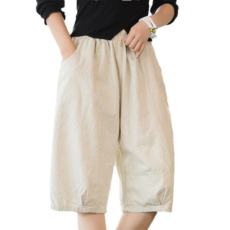 Pantaloncini da donna in cotone ramiè casual tinta unita Buddha Stones con tasche - Image 27