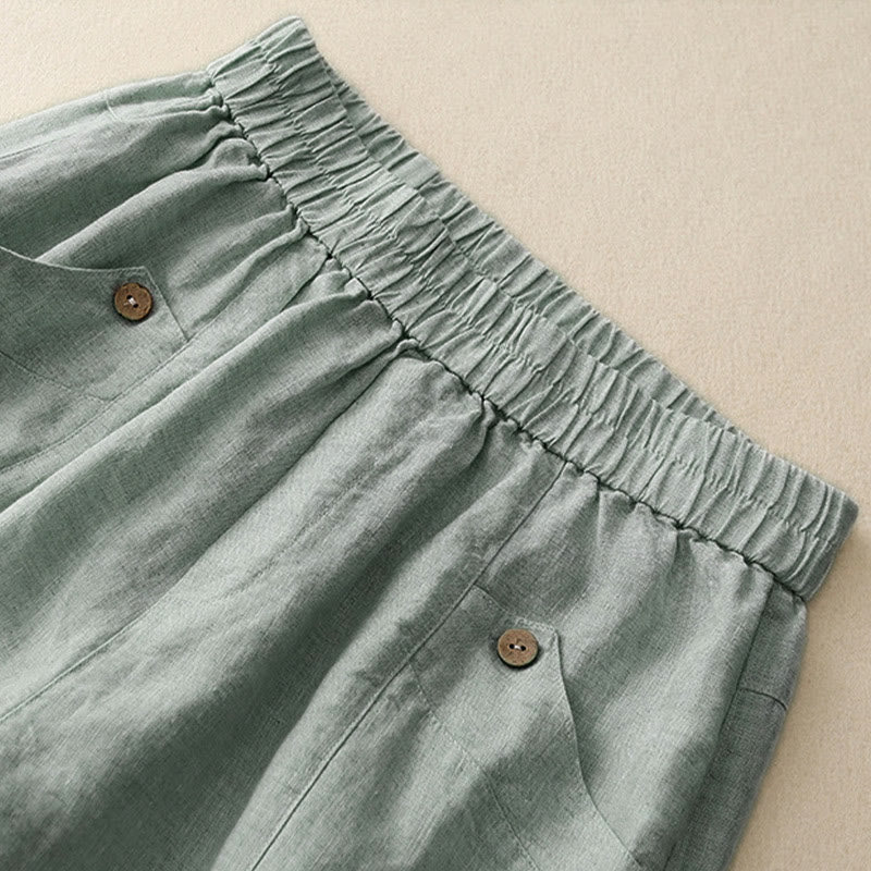 Pantaloncini da donna in cotone tinta unita con tasche e bottoni casual estivi Buddha Stones - Image 4
