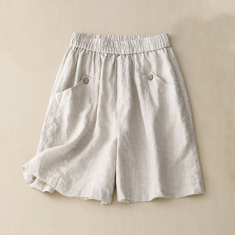Pantaloncini da donna in cotone tinta unita con tasche e bottoni casual estivi Buddha Stones - Image 6