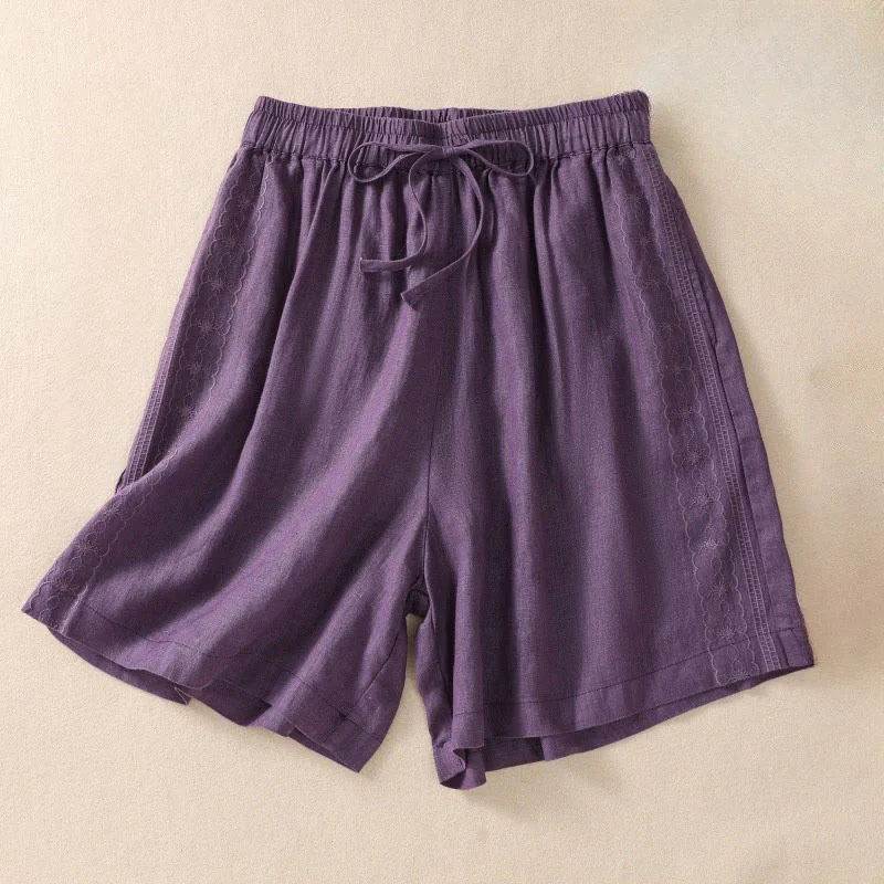 Pantaloncini da donna in cotone e lino con coulisse, motivo floreale ricamato Buddha Stones , casual, con tasche