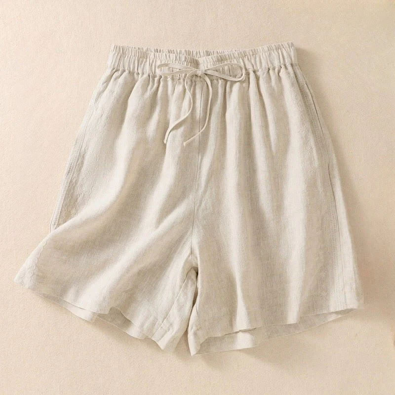Pantaloncini da donna in cotone e lino con coulisse, motivo floreale ricamato Buddha Stones , casual, con tasche - Image 10