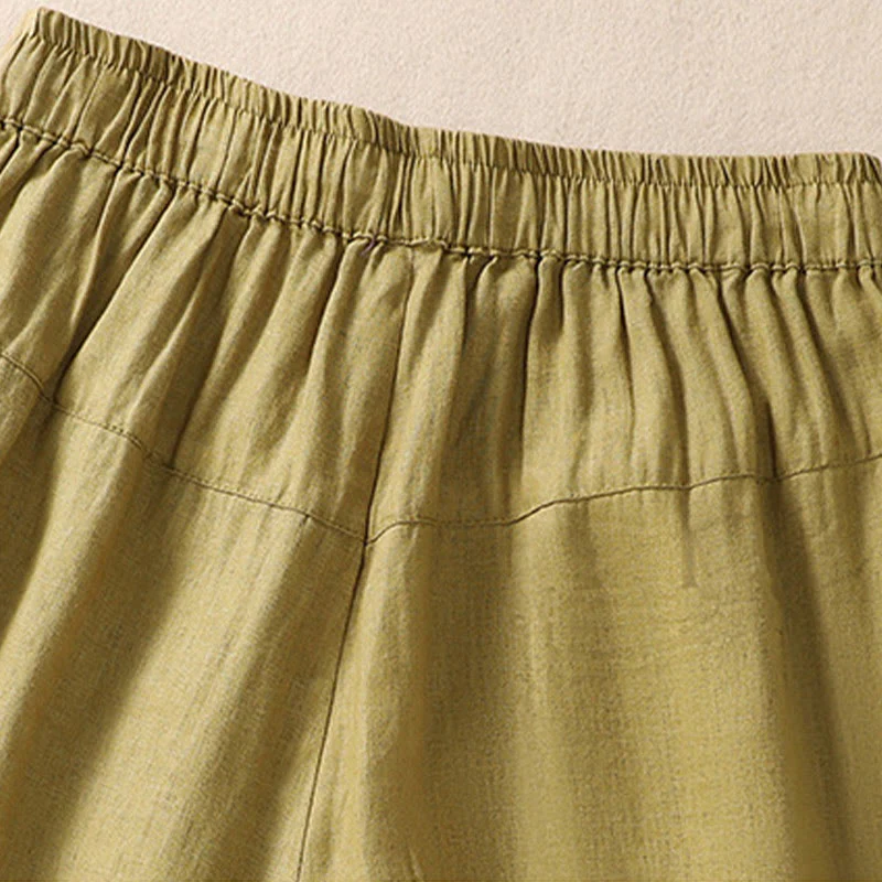 Pantaloncini da donna in cotone e lino con coulisse, motivo floreale ricamato Buddha Stones , casual, con tasche - Image 19