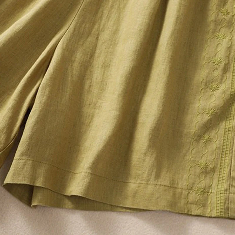 Pantaloncini da donna in cotone e lino con coulisse, motivo floreale ricamato Buddha Stones , casual, con tasche - Image 20