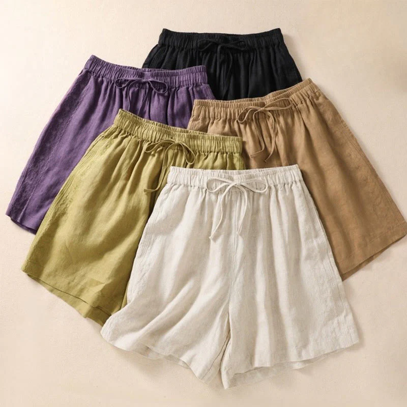 Pantaloncini da donna in cotone e lino con coulisse, motivo floreale ricamato Buddha Stones , casual, con tasche - Image 21