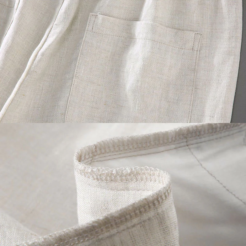 Pantaloncini da uomo in lino con tasche, modello Buddha Stones , tinta unita, con coulisse e bottoni - Image 8