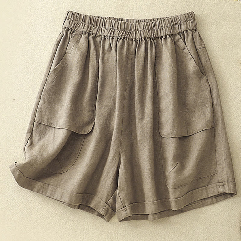 Pantaloncini dritti elastici da donna Buddha Stones, casual estivi, in cotone e lino, con tasche