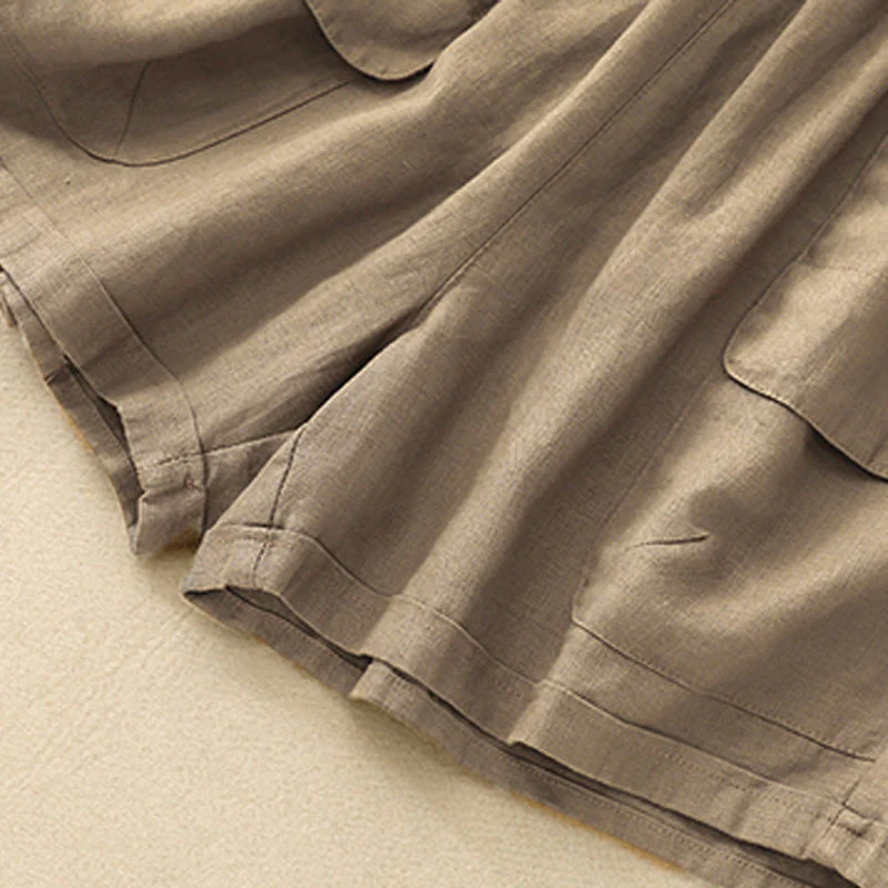 Pantaloncini dritti elastici da donna Buddha Stones, casual estivi, in cotone e lino, con tasche - Image 6
