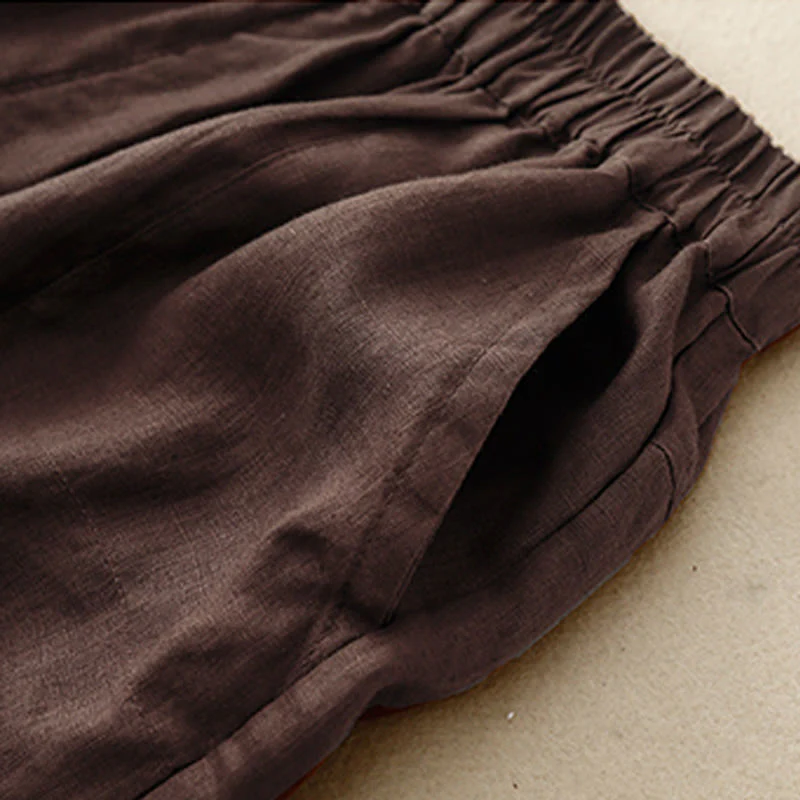 Pantaloncini dritti elastici da donna Buddha Stones, casual estivi, in cotone e lino, con tasche - Image 8