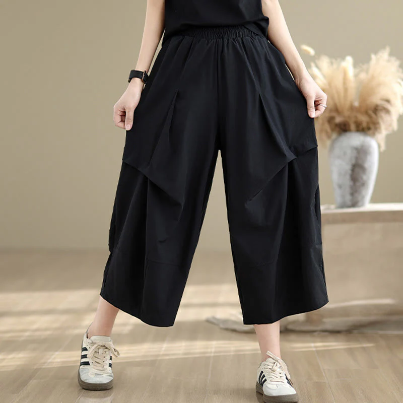 Pantaloni a gamba larga da donna in cotone con tasche e design a pieghe irregolari, modello Buddha Stones Summer - Image 10