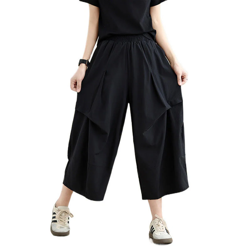 Pantaloni a gamba larga da donna in cotone con tasche e design a pieghe irregolari, modello Buddha Stones Summer - Image 13