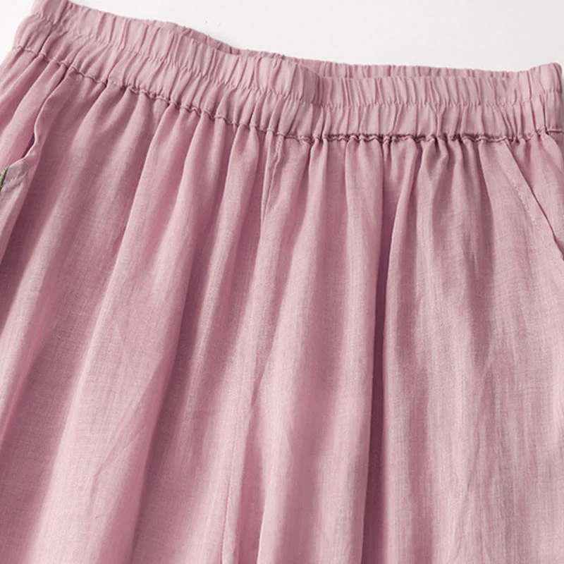 Pantaloni a gamba larga da donna in cotone e lino a doppio strato con ricamo estivo Buddha Stones con tasche - Image 10