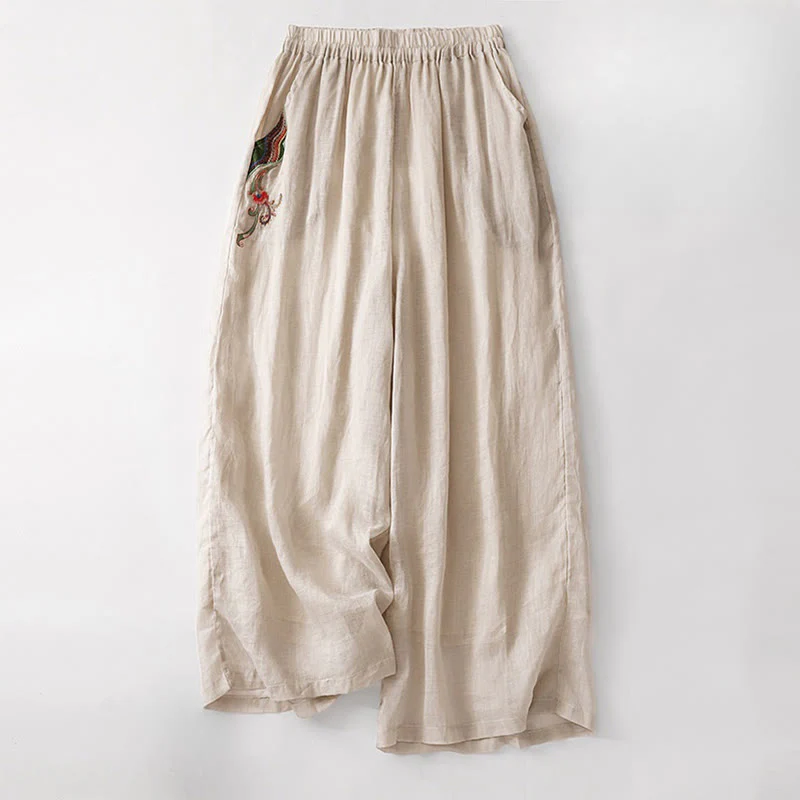 Pantaloni a gamba larga da donna in cotone e lino a doppio strato con ricamo estivo Buddha Stones con tasche - Image 17