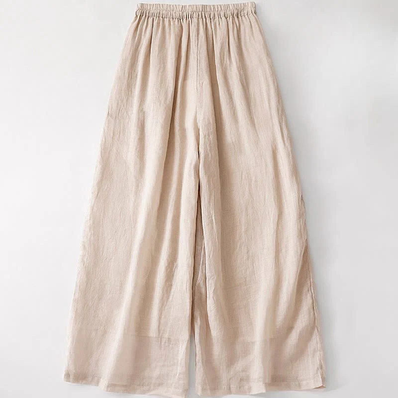 Pantaloni a gamba larga da donna in cotone e lino a doppio strato con ricamo estivo Buddha Stones con tasche - Image 18