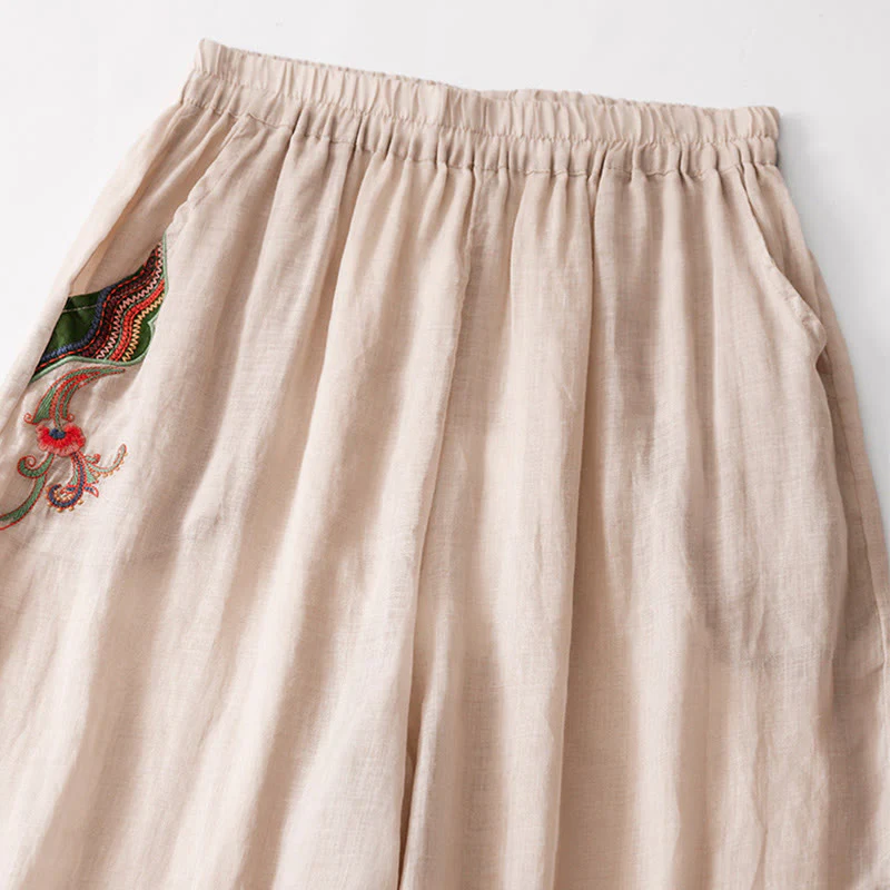 Pantaloni a gamba larga da donna in cotone e lino a doppio strato con ricamo estivo Buddha Stones con tasche - Image 19