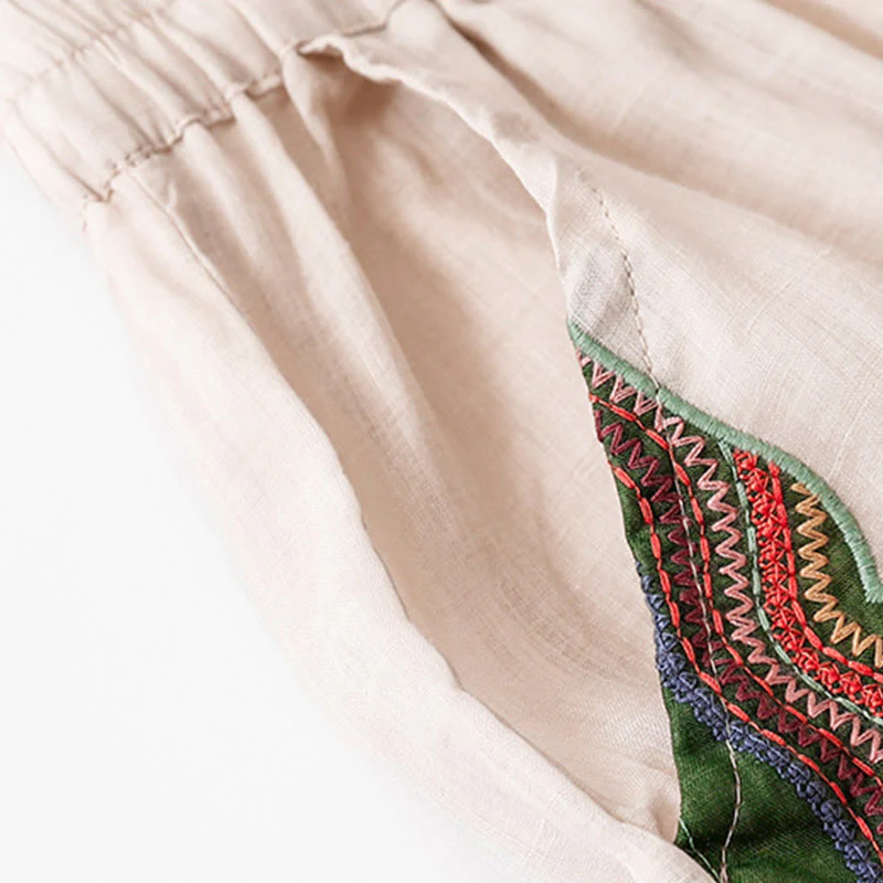 Pantaloni a gamba larga da donna in cotone e lino a doppio strato con ricamo estivo Buddha Stones con tasche - Image 20