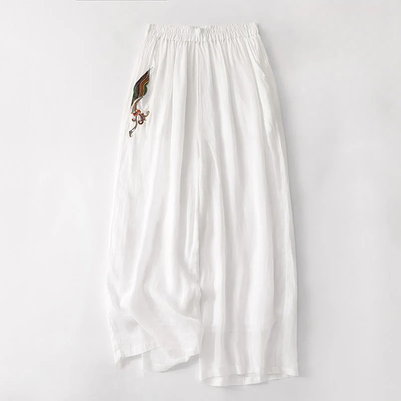 Pantaloni a gamba larga da donna in cotone e lino a doppio strato con ricamo estivo Buddha Stones con tasche - Image 25