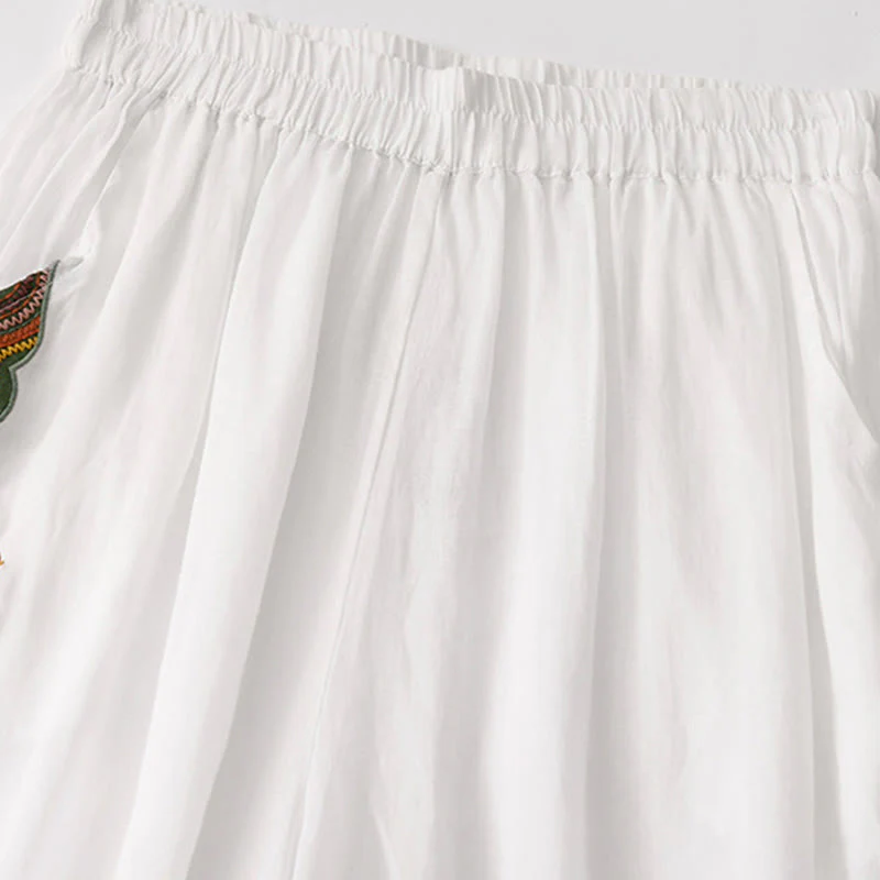 Pantaloni a gamba larga da donna in cotone e lino a doppio strato con ricamo estivo Buddha Stones con tasche - Image 26