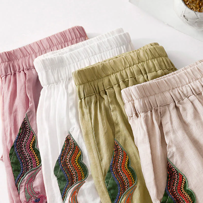Pantaloni a gamba larga da donna in cotone e lino a doppio strato con ricamo estivo Buddha Stones con tasche - Image 31