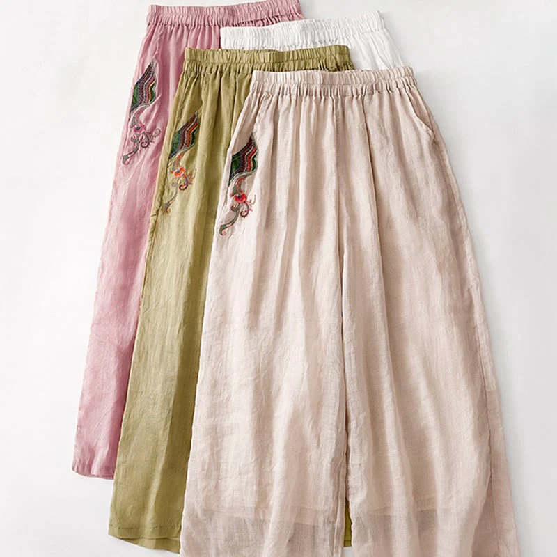 Pantaloni a gamba larga da donna in cotone e lino a doppio strato con ricamo estivo Buddha Stones con tasche - Image 32