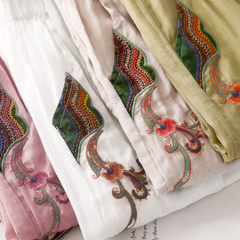 Pantaloni a gamba larga da donna in cotone e lino a doppio strato con ricamo estivo Buddha Stones con tasche - Image 33