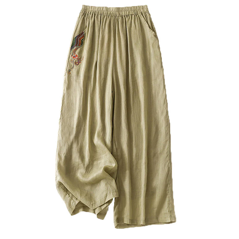 Pantaloni a gamba larga da donna in cotone e lino a doppio strato con ricamo estivo Buddha Stones con tasche - Image 8