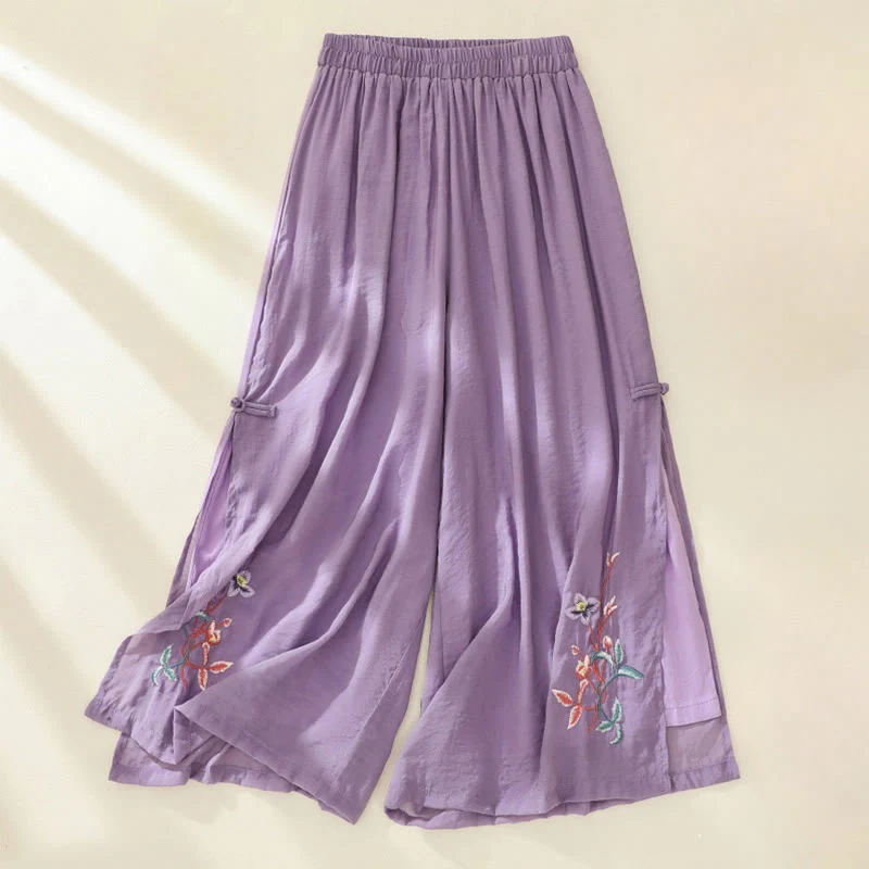 Pantaloni a gamba larga da donna in cotone e lino con bottoni cinesi a doppio strato, ricamo artistico con fiori Buddha Stones - Image 11