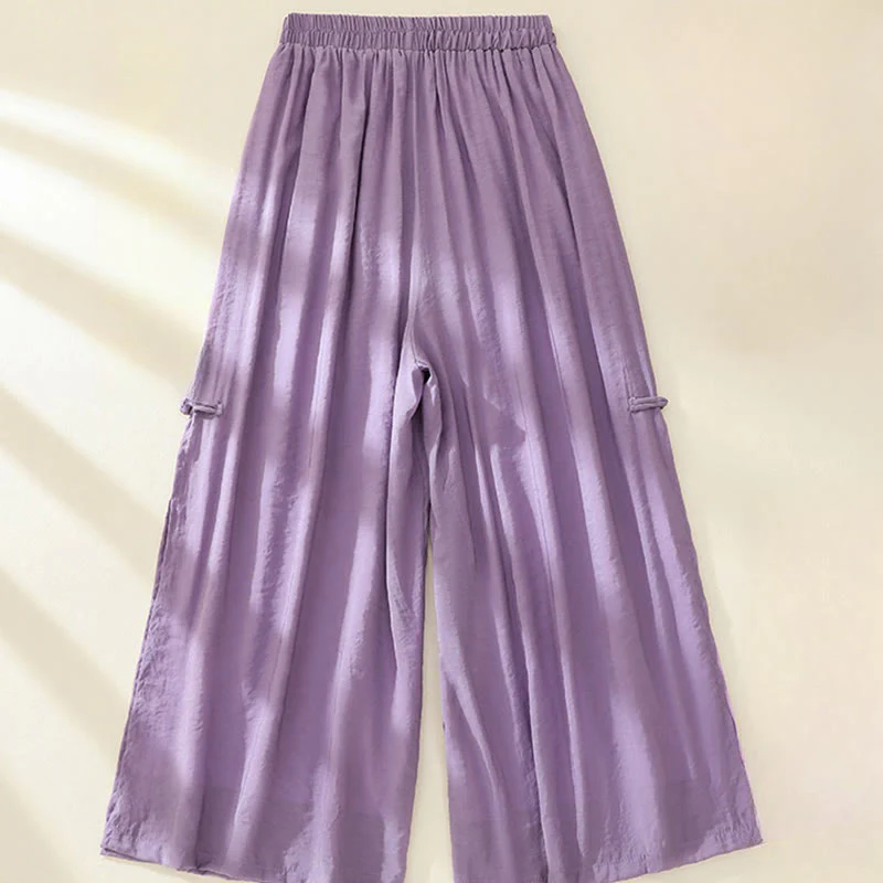Pantaloni a gamba larga da donna in cotone e lino con bottoni cinesi a doppio strato, ricamo artistico con fiori Buddha Stones - Image 12